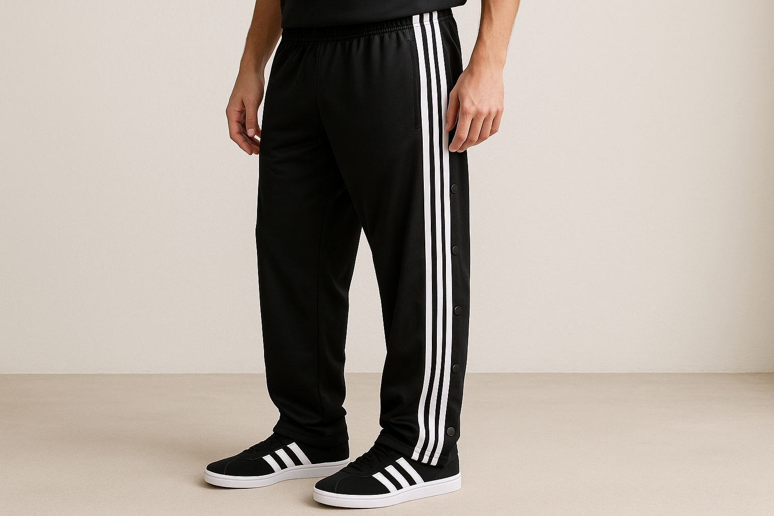 Men’s athletic pajama pants, full length, black fabric with three white vertical stripes running down the sides, side buttons along the leg for adjustable opening, casual sportswear style, photographed indoors against a plain light-colored wall, realistic lighting, high detail.